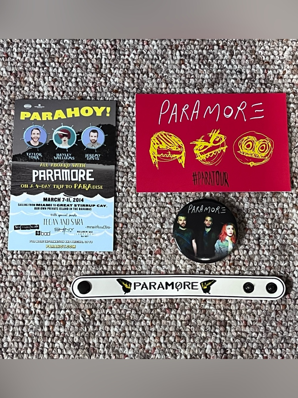 Paramore Rubber Bracelet, Parahoy Post Card, Self Titled Post Card and Pin